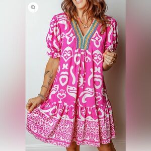 Vibrant Pink and White Midi Dress